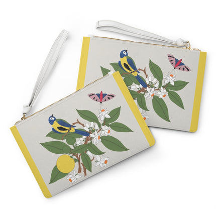 Blue Tit & Butterfly Clutch Bag – Elegant Charm & Springtime Grace