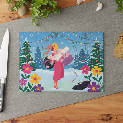 🎁🎄 The Christmas Gift Garden Glass Cutting Board – Whimsical Holiday Fantasy