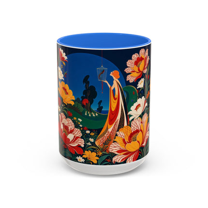 🌺🐦 The Enchanted Birdcage Garden Colorful Mug – Art Deco Floral Fantasy