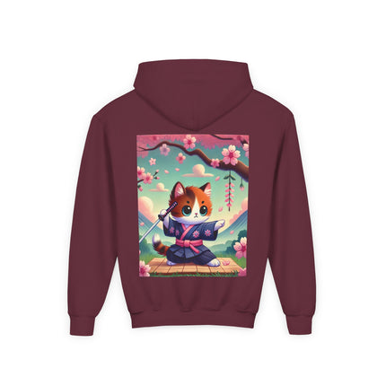 Samurai Kitten Youth Hooded Sweatshirt – Strength, Balance & Playful Courage