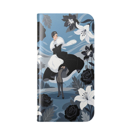 🖤🤍 The Lady Of The Black Rose Garden Flip Case – Art Deco Floral Elegance