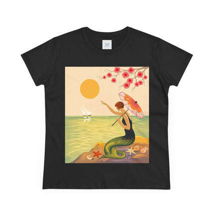 🧜‍♀️🌸 The Mermaid Beneath The Blossoms Cotton Tee – Art Deco Seaside Fantasy