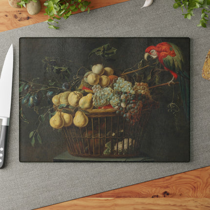 Still Life of a Basket of Fruit with a Parrot by Adriaen Van Utrecht Glass Cutting Board