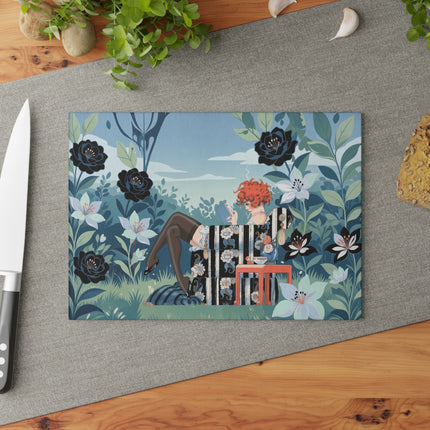 📚🌹 The Red-Haired Reader Glass Cutting Board – Art Deco Floral Garden