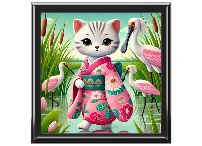 Geisha Kitten Strolls Among the Spoonbills Jewelry Box