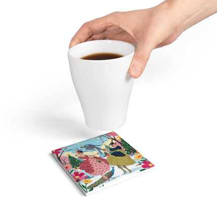 🦜🎄 The Christmas Parrot Promenade Ceramic Coaster – Art Deco Holiday Fantasy