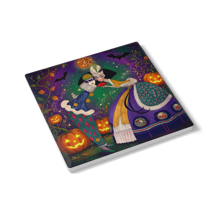 🎭🎃 The Masquerade Beneath The Pumpkin Lantern Ceramic Coaster – Theatrical Halloween Charm