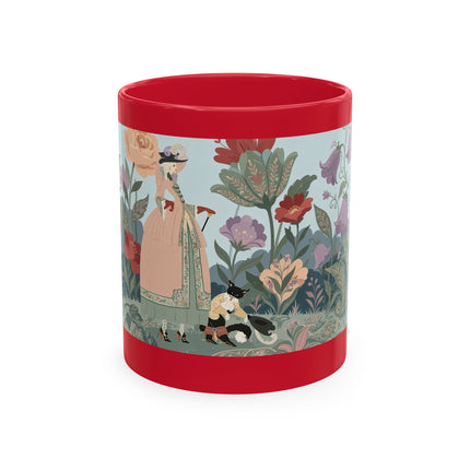 🐈🥾 The Lady & Puss In Boots In The Flower Garden Ceramic Mug – Art Deco Storybook Whimsy