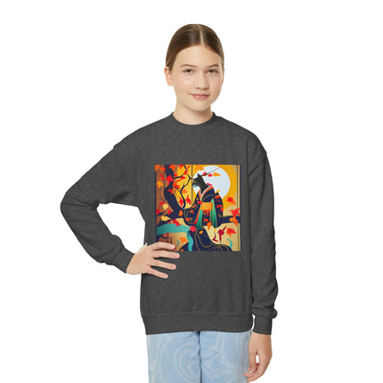 Black Cat in Kimono Youth Crewneck Sweatshirt