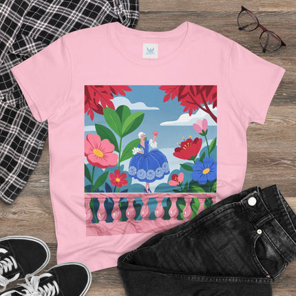 🌸💙 The Lady Of The Flower Terrace Cotton Tee – Colorful Art Deco Garden Elegance