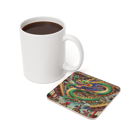 Tibetan Dragon Over Kabuki Duel Cork Back Coaster