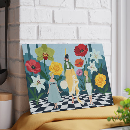 🌺🎩 The Lady And Children Of The Grand Flower Garden Glass Cutting Board – Art Deco Fashion Whimsy