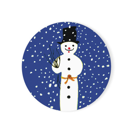 Snowman in Falling Snow Cork Back Coaster