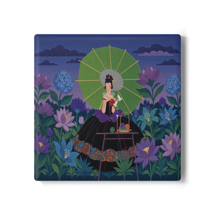🧶☂️ The Lady Of The Moonlit Garden Knitting Ceramic Coaster – Art Deco Floral Whimsy
