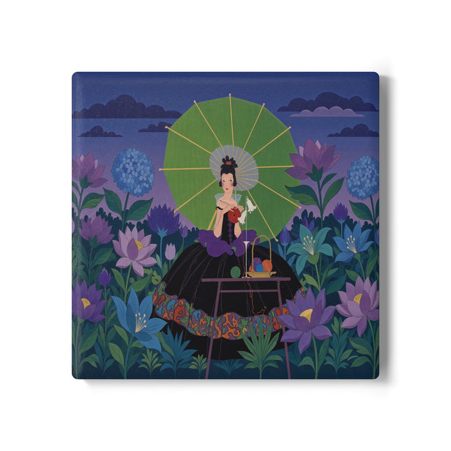 🧶☂️ The Lady Of The Moonlit Garden Knitting Ceramic Coaster – Art Deco Floral Whimsy