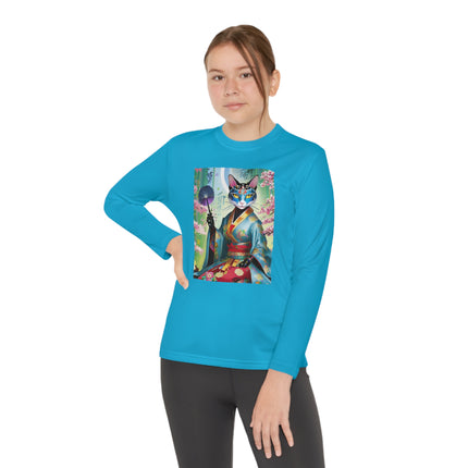 Cyberpunk Geisha Youth Long Sleeve Competitor Tee – Neon Elegance & Futuristic Fantasy
