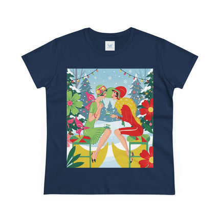 ☕❄️ Christmas Tea In The Snow Garden Cotton Tee – Art Deco Holiday Friendship