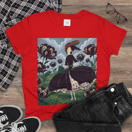 ❤️🌺 The Scarlet Parasol Garden Cotton Tee – Art Deco Floral Elegance