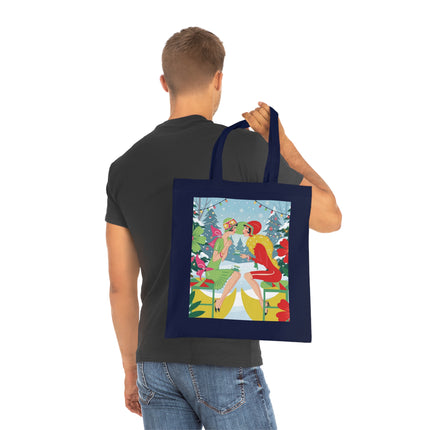 🎄☕ Christmas Tea In The Snow Garden Cotton Tote Bag – Art Deco Holiday Friendship
