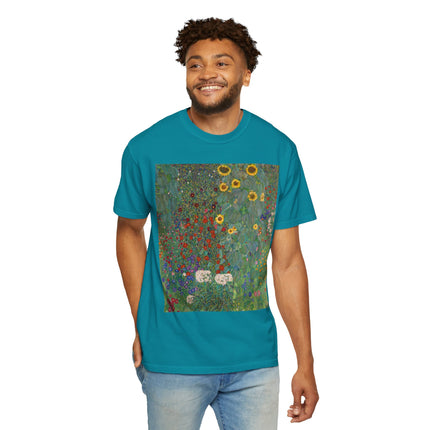Farm Garden with Sunflowers by Gustav Klimt Unisex Garment-Dyed T-shirt