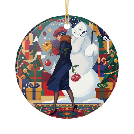 ☃️🎄 The Snowman's Christmas Companion Ceramic Ornament – Art Deco Holiday Fantasy