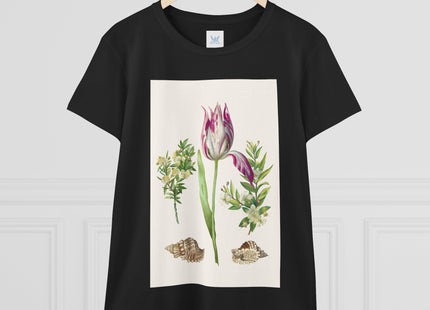 Tulip flower with Two Branches of Myrtle and Shells Cotton Tee