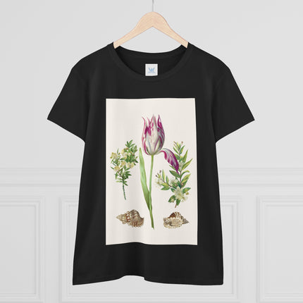 Tulip flower with Two Branches of Myrtle and Shells Cotton Tee