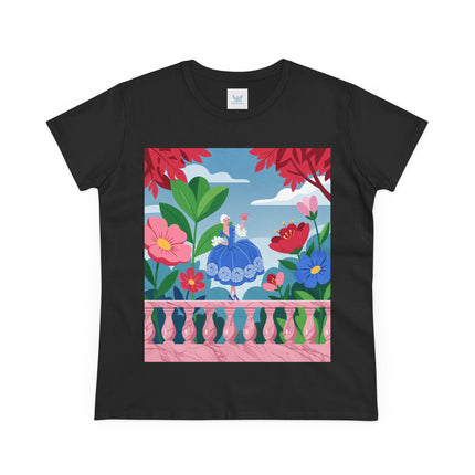 🌸💙 The Lady Of The Flower Terrace Cotton Tee – Colorful Art Deco Garden Elegance