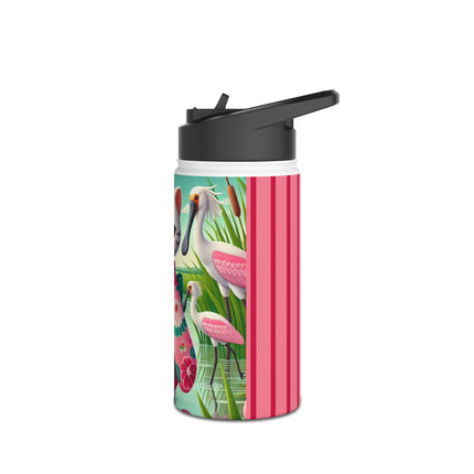 Geisha Kitten Strolls Among the Spoonbills Stainless Steel Water Bottle, Standard Lid