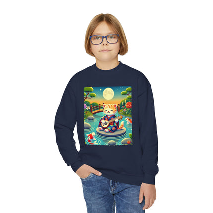Melodic Kitten by the Koi Pond Youth Crewneck Sweatshirt – Harmony, Joy & Whimsical Charm