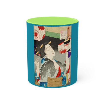 Looking Observant; The Appearance of a Kyoto Waitress of the Meiji Era by Tsukioka Yoshitoshi Colorful Mugs, 11oz