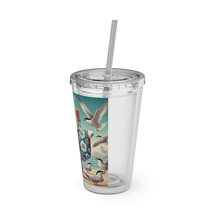 Geisha Kitten by the Seaside Sunsplash Tumbler with Straw, 16oz