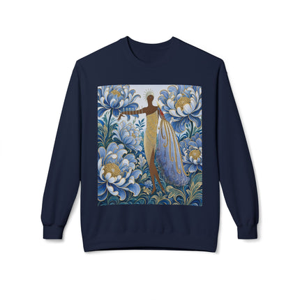 💙✨ The Lady Of The Gilded Blue Blossom Garden Midweight Crewneck Sweatshirt – Art Deco Floral Elegance