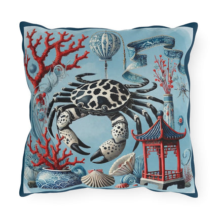 Spotted Crab & Pagoda Outdoor Pillows – Mystical Ocean & Asian Harmony