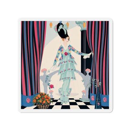 🌹🎭 The Lady Between The Curtains Die-Cut Magnets – Art Deco Floral Theatre