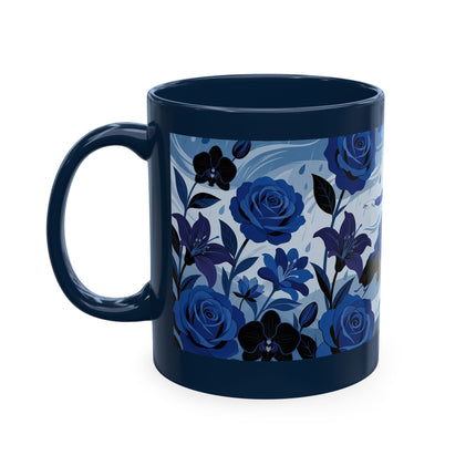 ☔💙 The Lady In The Blue Rain Garden Ceramic Mug – Art Deco Floral Elegance