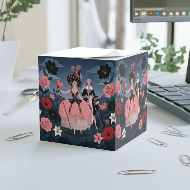 🌹🎭 The Rose Masquerade Promenade Note Cube – Art Deco Floral Elegance