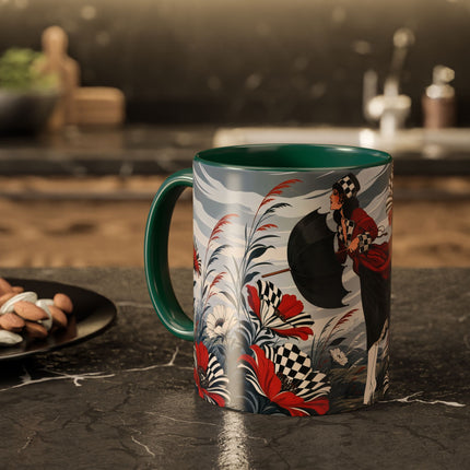 ☔🌹 The Scarlet Checkerboard Rainstorm Colorful Mug – Art Deco Floral Elegance