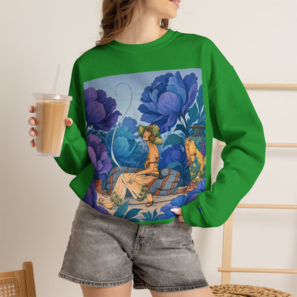 💙🌸 The Lady Among The Blue Blossoms Crewneck Sweatshirt – Art Deco Floral Reverie