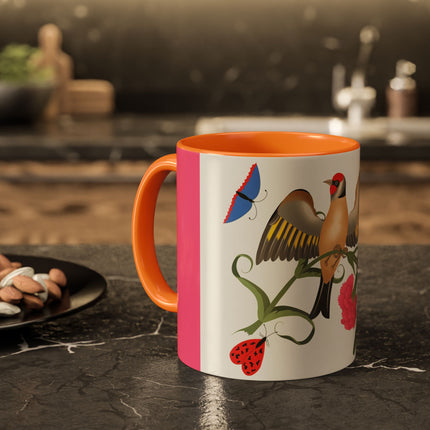 Goldfinch & Pink Flowers Colorful Mugs – Vibrant Spring & Bold Beauty