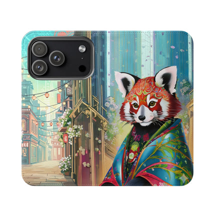 🦝✨ Cybernetic Red Panda Flip Case – Neon Charm & Futuristic Wonder