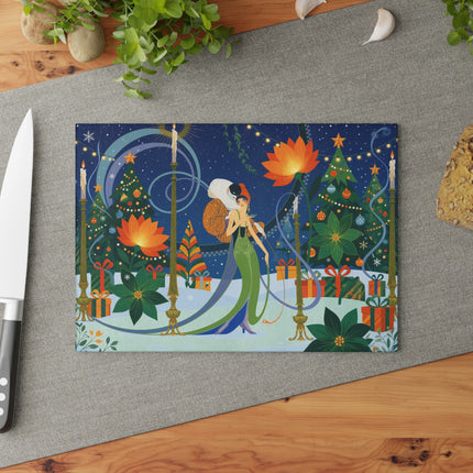 🪷🎄 The Lady Of The Christmas Lotus Garden Glass Cutting Board – Art Deco Holiday Fantasy