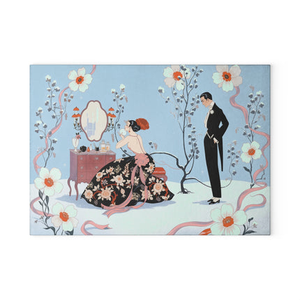 🌸🪞 The Lady At Her Winter Vanity Glass Cutting Board – Art Deco Romantic Elegance