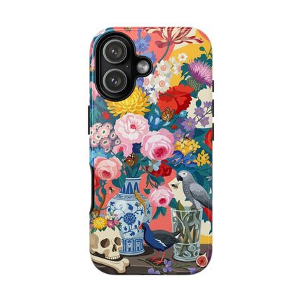 Floral Vanitas Phone Case – Parrot & Porcelain Splendor