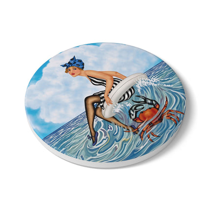 🦀🌊 The Seaside Crab Ride Ceramic Coaster – Art Deco Beach Whimsy