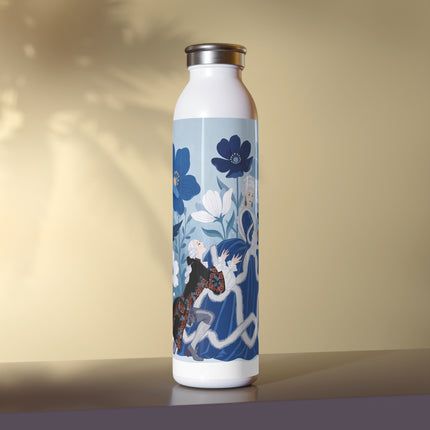 💙🌸 The Lady Of The Blue Flower Garden Slim Water Bottle – Art Deco Floral Romance