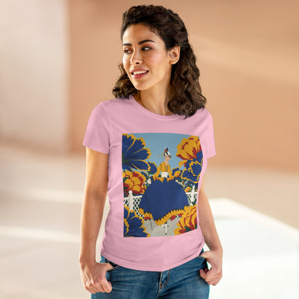 💙🌼 The Golden Petal Promenade Cotton Tee – Art Deco Floral Elegance