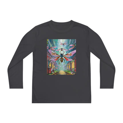 Neon Swarm Youth Long Sleeve Competitor Tee – Cyberpunk Flight & Futuristic Energy
