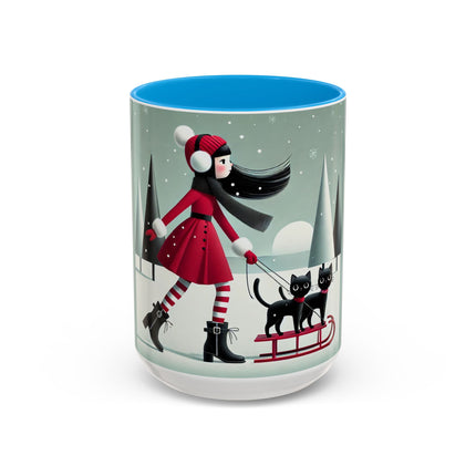 Red Sled & Curious Cats Colorful Mugs (11oz, 15oz)