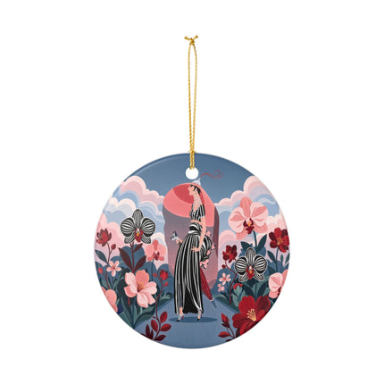 🌸🖤 The Striped Orchid Promenade Ceramic Ornament – Art Deco Floral Fashion